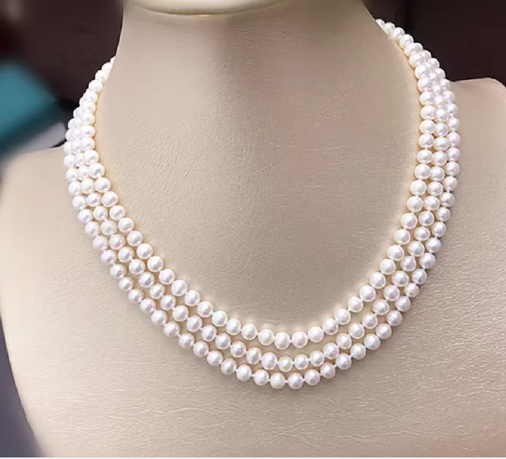 3 Row White Pearl Necklace 7-8mm Sea Cultured Round Pearl 16-18