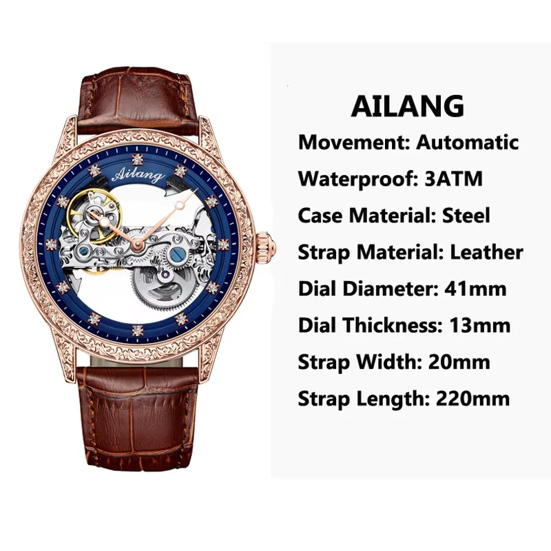 New Engraved Design Automatic Watch Full Hollow Out Transparent Dial Mechanical Watch 3ATM Waterproof Diamond Business Sucessful
