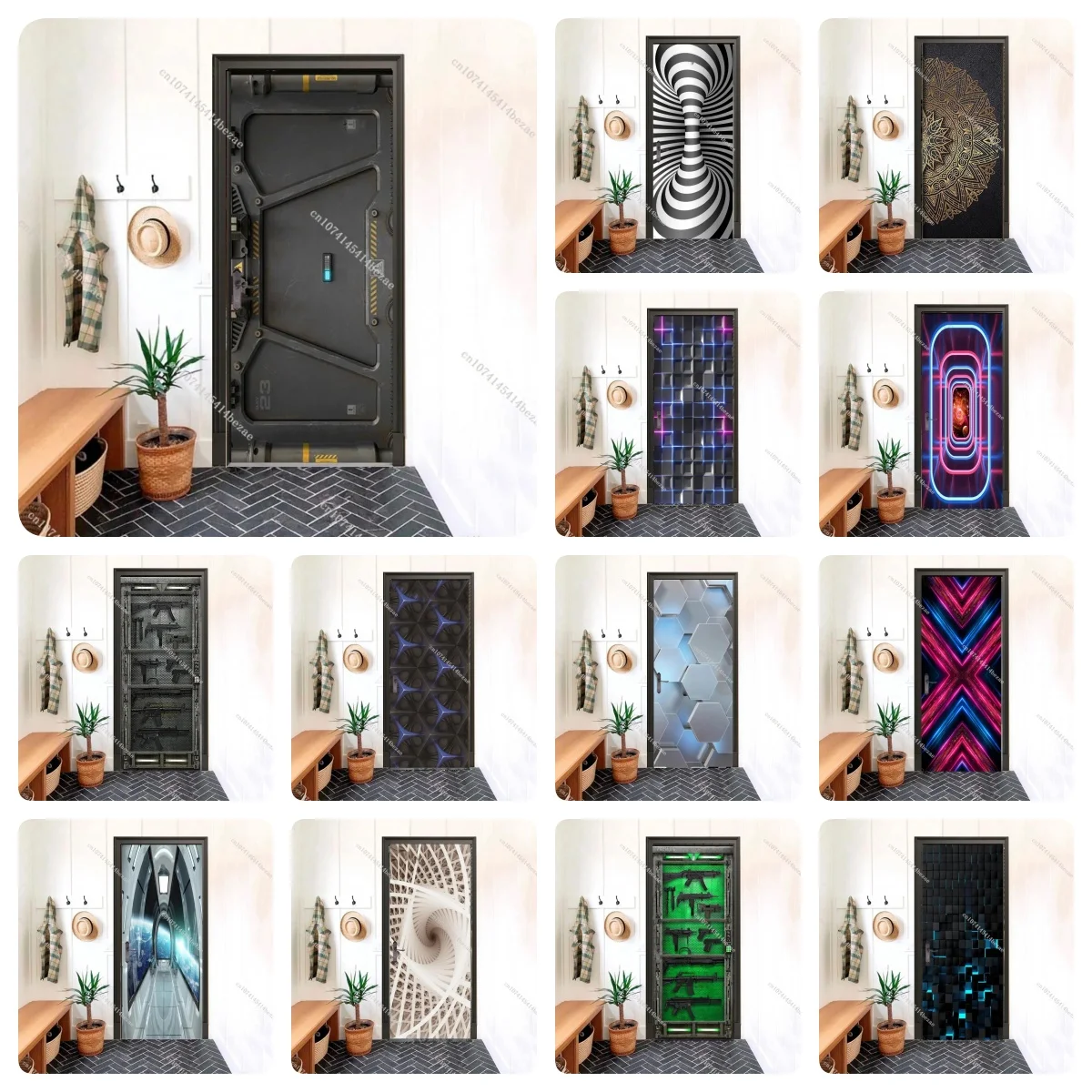 Sci-Fi Futuristic Door Stickers Waterproof Self-Adhesive Neon Geometric 3D Tunnel Metal Texture Wrap for Home Living Room Decor