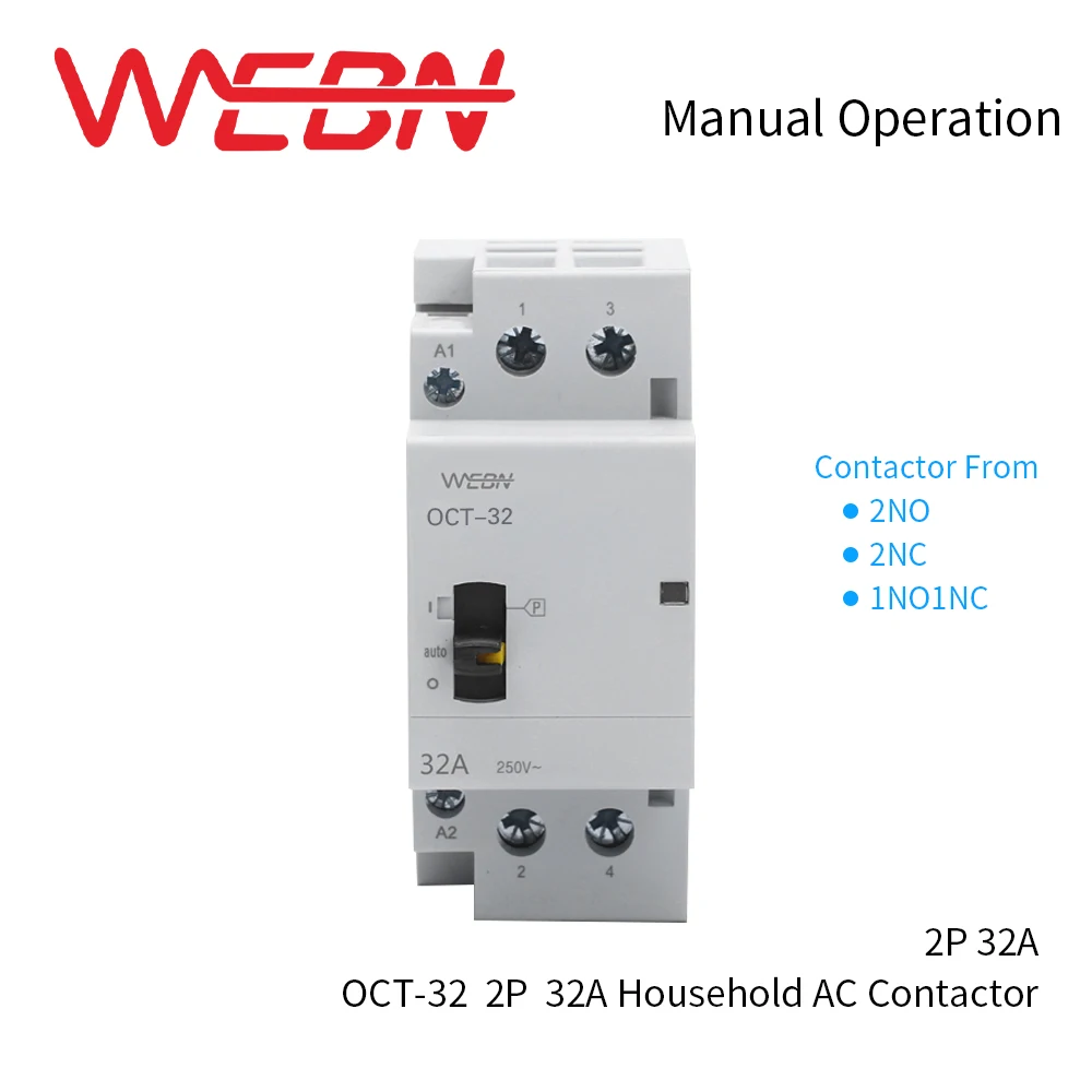 BCH8-32M Series 2P 32A Manual AC Household Contactor 220V/230V 50/60Hz Contact 2NO/1NO+1NC/2NC Din Rail Modular Contactor