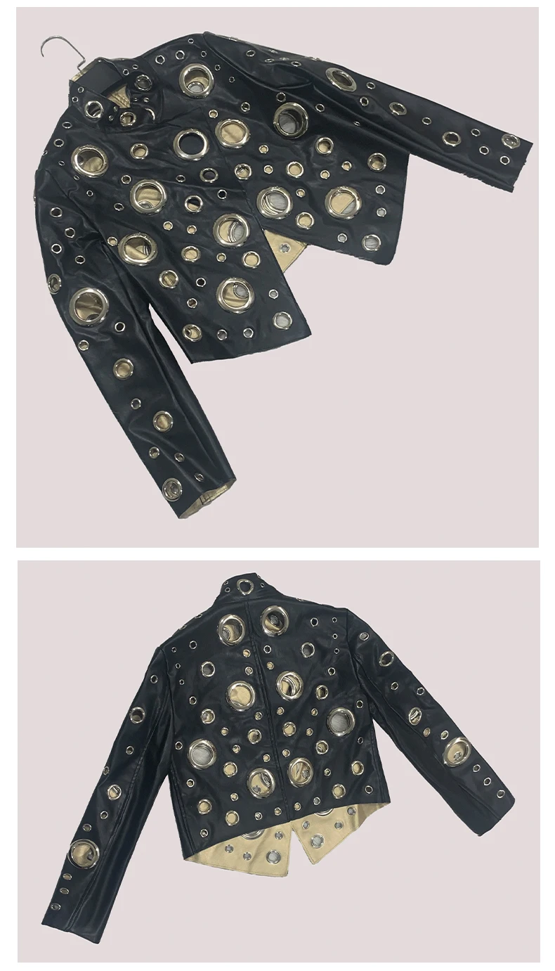 Mauroicardi Spring Short Hollow Out Patchwork Short Pu Leather Jacket Women Cool Luxury Designer European Style Clothes Fashion