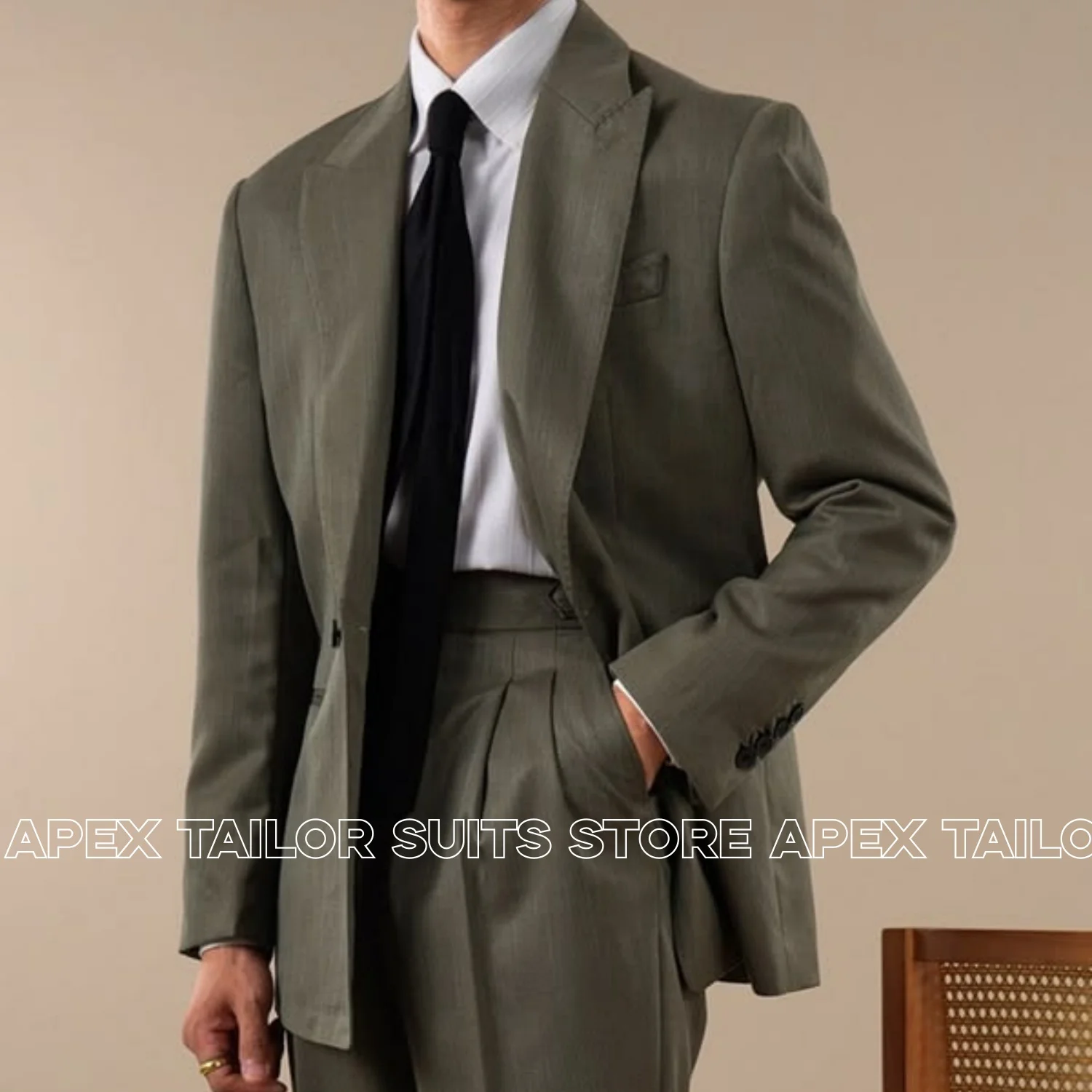 Men 2 Piece Suit Set Peak Lapel Single Breasted Blazer Pleated Trousers Vintage Wedding Groom Business Casual Men Suit Set
