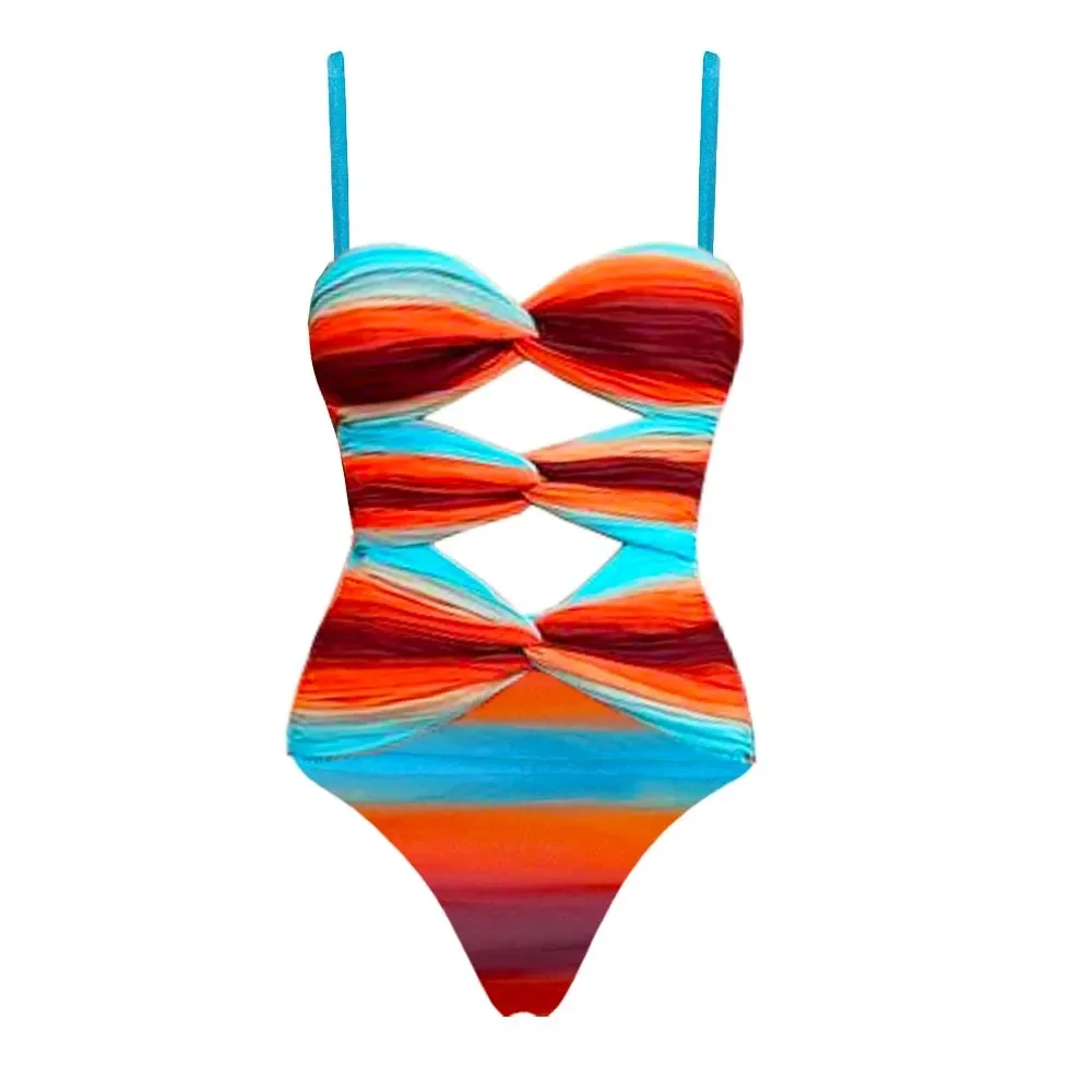 Ensemble maillot de bain et jupe d\'été pour femme, bleu-orange, nickel é, creux, une pièce, vêtements de plage de vacances, luxe, bain trempé