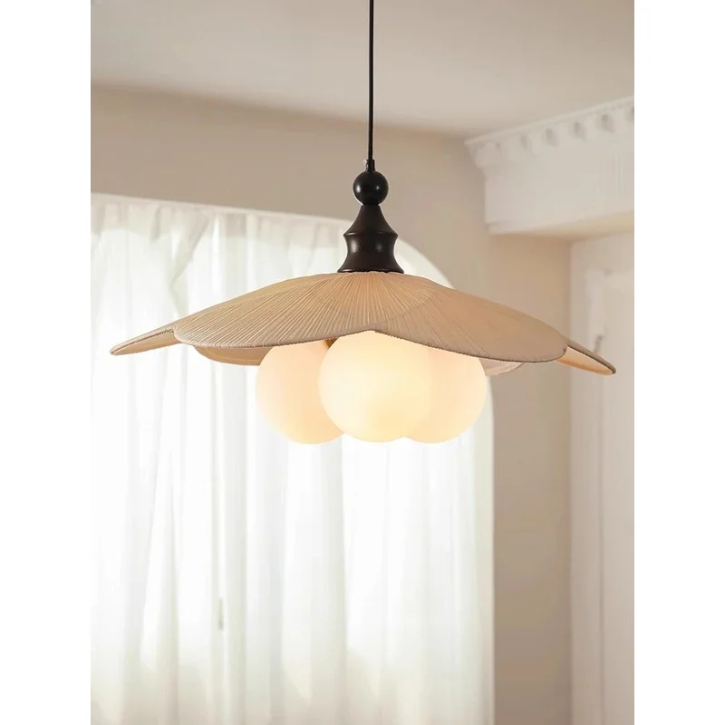 Vintage Pleated Pendant Light Cream Fabric Shade Globe Glass Lamp, Modern French Hanging Lamp for Dining Room Bedroom Home Decor
