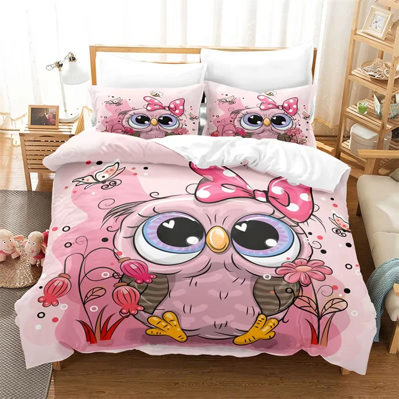 Cute Owl Duvet Cover Cartoon Animal Bedding Set Microfiber Lovely Birds Star Comforter Cover For Kids Boys Girls Bedroom Decor