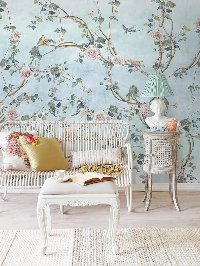 

Chinoiserie Wallpaper Peel and Stick | Watercolor Peony Flower with Birds Wall Mural