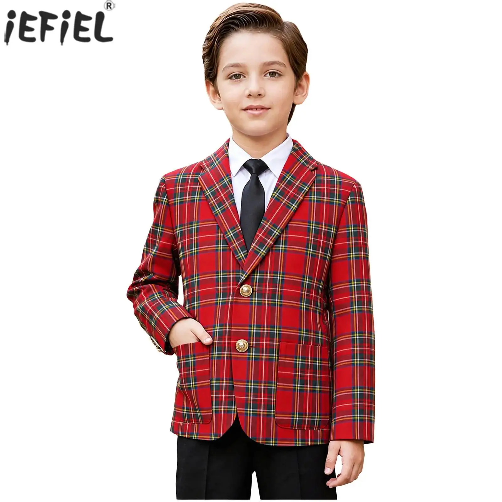 Kids Boys Plaid Suit Blazer Jacket Lapel Collar Long Sleeve Button-up Coat with Pockets for School Show Birthday Party Wedding