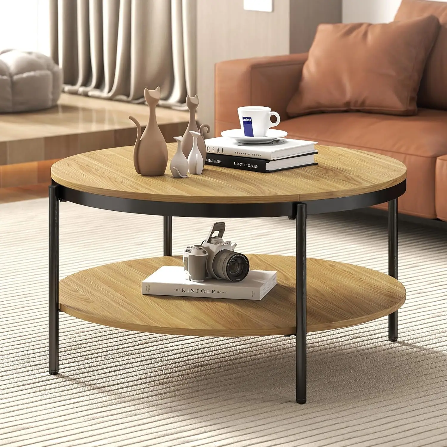 

Oak Rustic Modern Round Coffee Table - Wood Center Table with Black Metal Frame & Storage Shelf, Perfect for Small Spaces