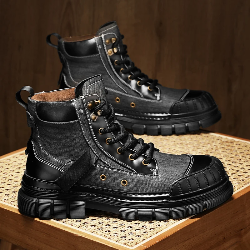 

Autumn Winter Hot Selling Men Thick Soled Leisure Motorcycle Boots Spliced Fashionable Comfortable Outdoor Hiking Boots