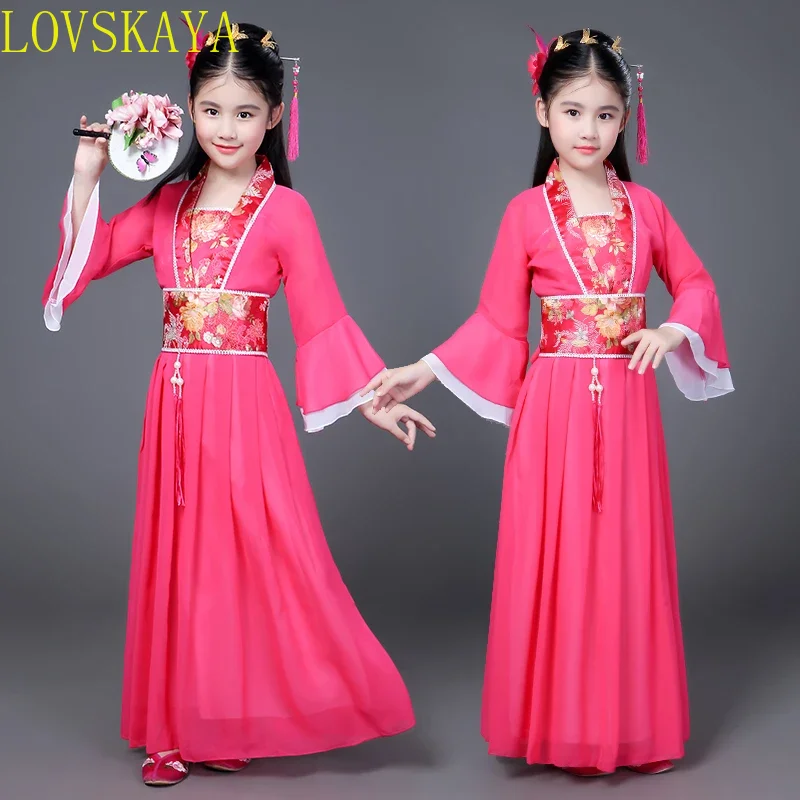 Traditionelle tanz begeisterte in china traditionelle kinder kleidung hanfu rot hot pink himmelblau weiß halloween mädchen kleidung