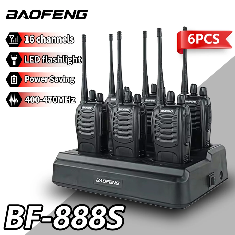 6 шт. рация Baofeng 888S, двусторонняя радиостанция, 16-канальный трансивер, UHF, 400-470 МГц, рация с зарядкой нескольких блоков