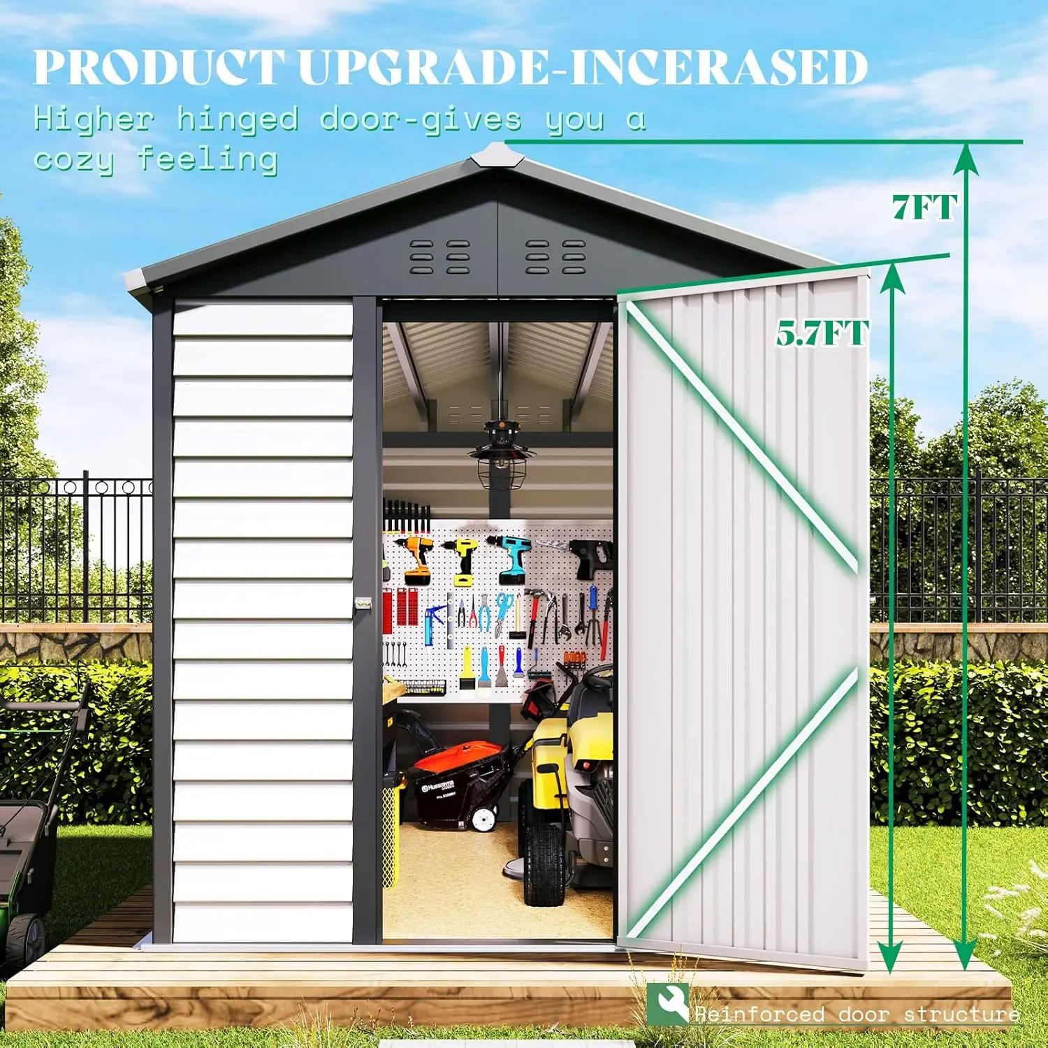 6.4x9x7 FT Outdoor Storage Shed, Blinds Design Metal Shed with Clear Window Hinged Door, Outdoor Shed for Backyard