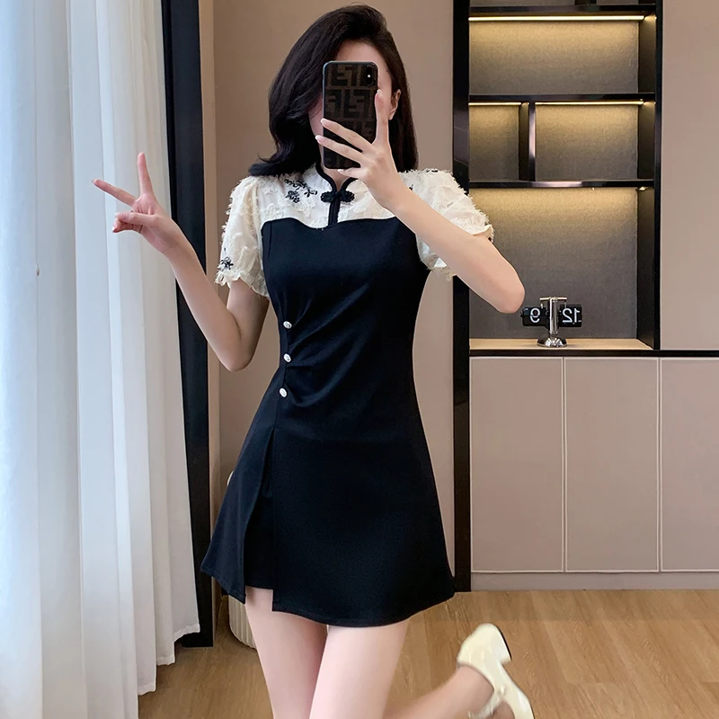 Women Summer Shorts Two Pieces Set Chinese Ladies Cheongsam Patchwork Short Sleeve Dress And Shorts Sets New Fashion Suits