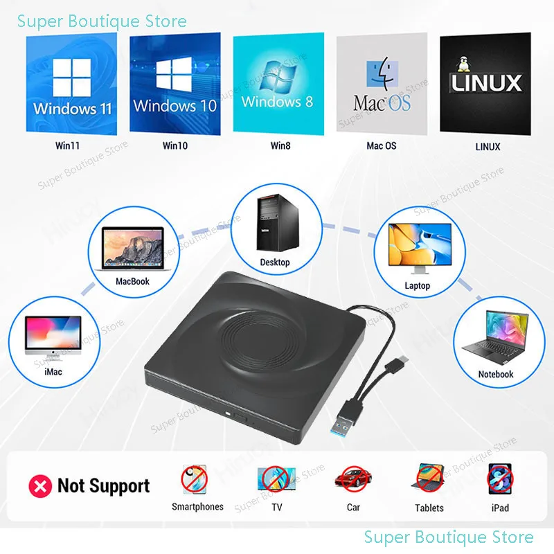 Unidad de Blu-Ray Externa Portátil, Grabadora y Lectora de BD, DVD, CD RW para Windows, Mac, Laptop y Computadora de Escritorio con Cable USB y Bolsa de Almacenamiento