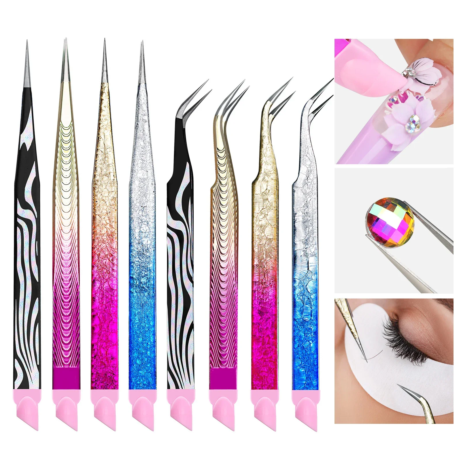 

Dual-Ended Stainless Steel Nail Art Tweezers - for Nail Stickers, Rhinestones & Eyelash Extension - with Silicone Tips