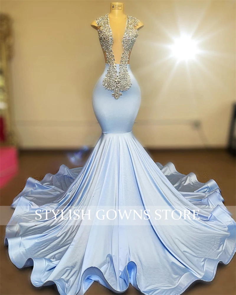 Sky Blue Sheer O Neck Long Prom Dress For Black Girls 2023 Beaded Crystal Diamond Birthday Party Dresses Mermaid Evening Gown