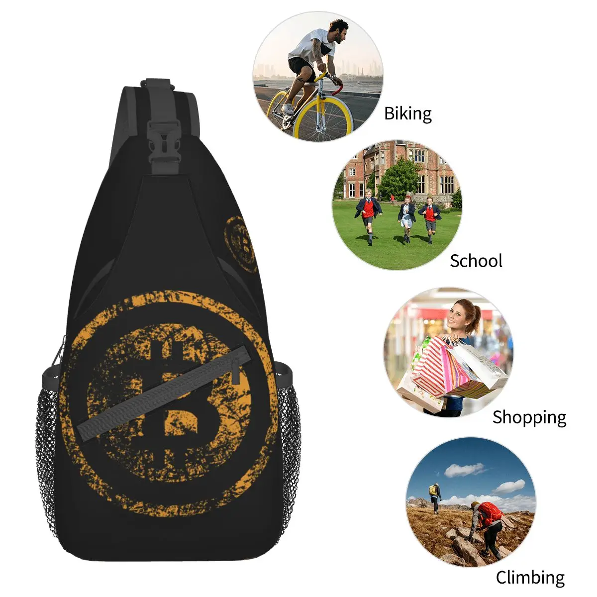 Unisex Crossbody Sports Bag, Vintage Bitcoin Logo Peito Bag, Mochilas de Ombro Moda, Mochilas de Viagem, Homens e Mulheres