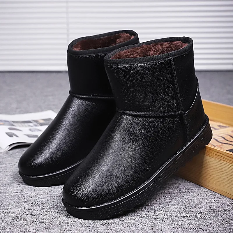 Men's Leather Slip-On Snow Boots, Winter Fleece-Lined, Waterproof, Simple Commuter Short Boots, Warm and Cold-Resistant Cotton B