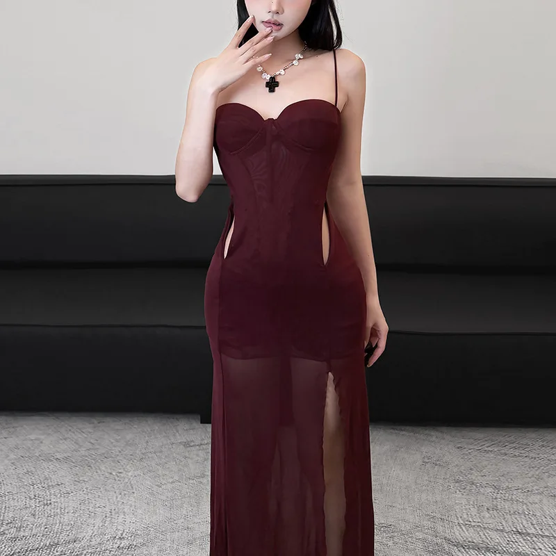 

2024 Style Autumn New Women's Suspender Dress Solid Color Transparent Slim Fit High Waist Street Fashion Suspender Slit Dress