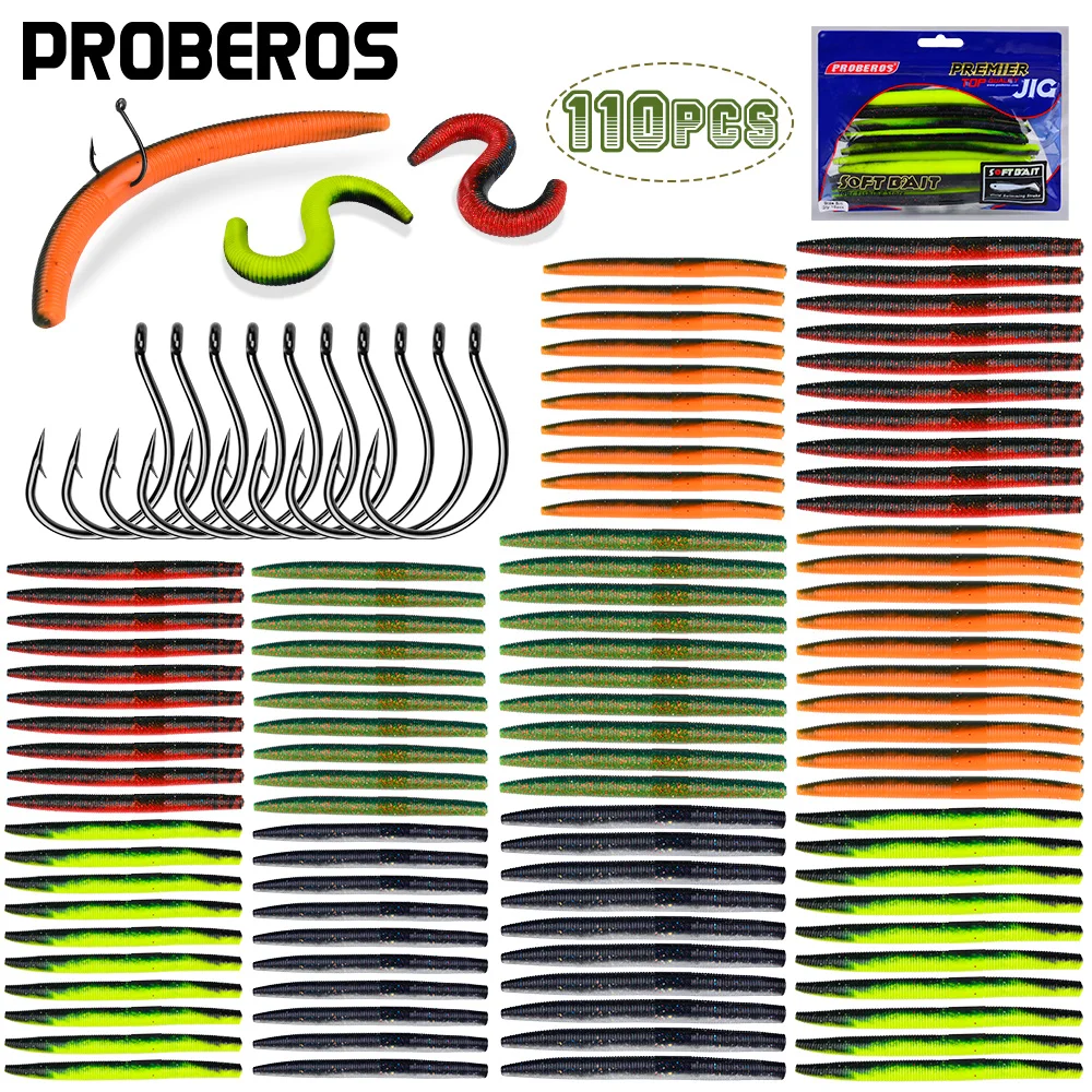 

PROBEROS 100pcs Soft Baits + 10pcs Fishing Hooks Artificial Plastic Baits Fishing Lure Set 110pcs Soft Fishing Lure Combo