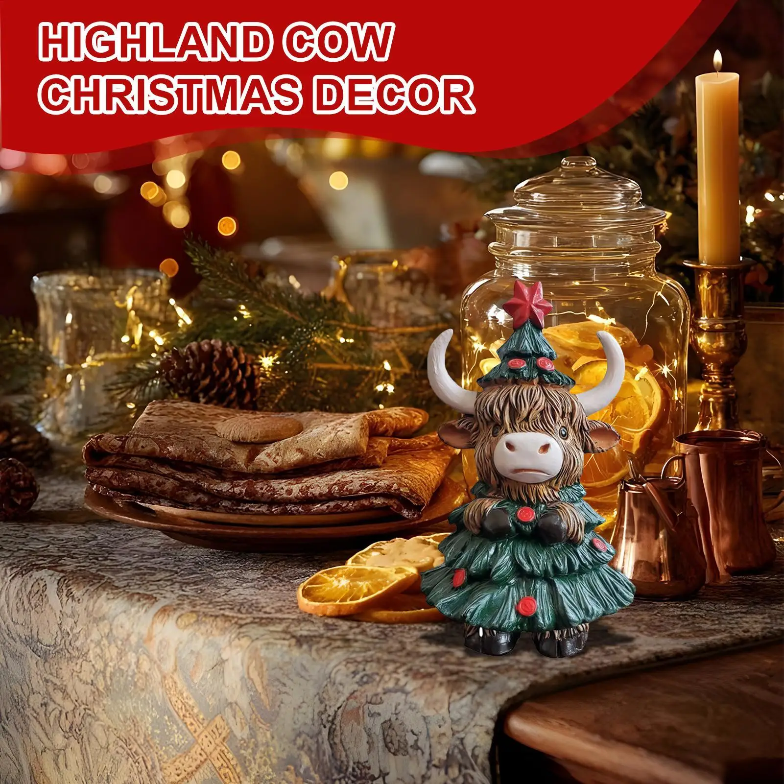 Highland Cow Figurine Statues Highland Cattle Christmas Decorations Resin Scottish Sculpture Ornament For Festive Home Entrance