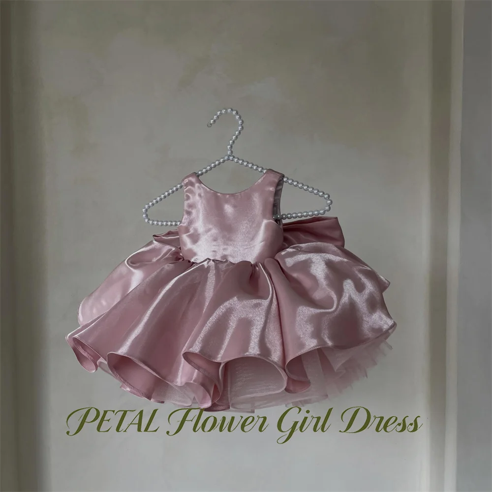 Petal Dusty Pink First Communion Gown Round Neck Sleeveless Girls Princess Dress Back Giant Bow Evening Party Dress for Girls