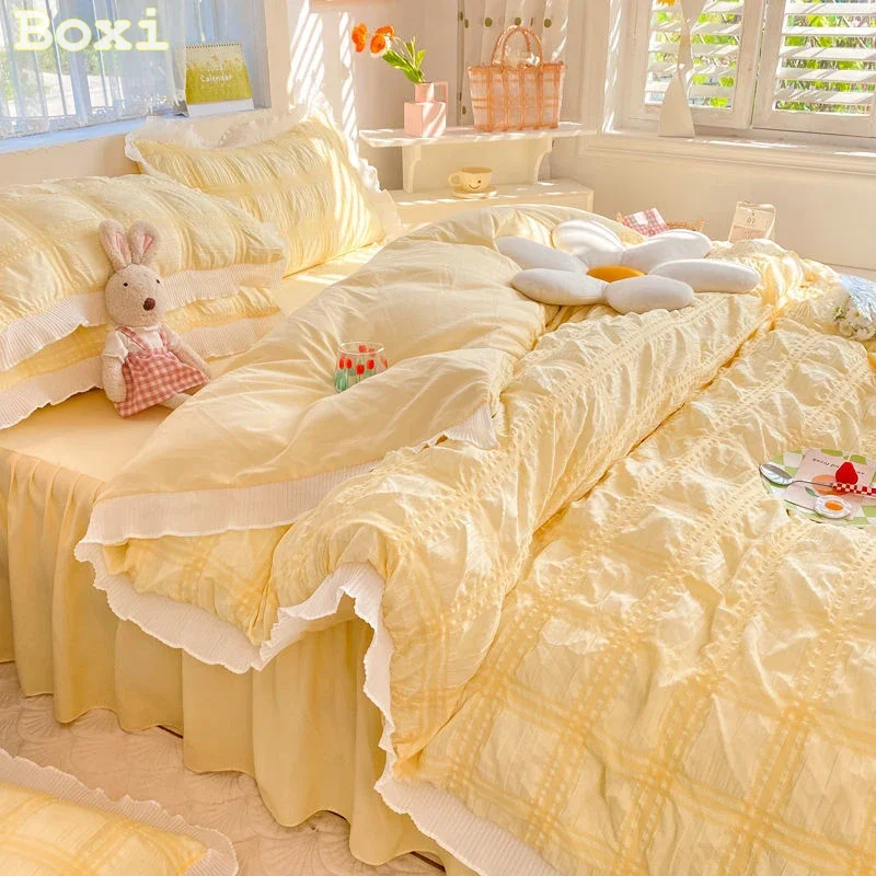 Cute Princess Style Seersucker Bedding Set For Women Cotton Solid Color Ruffle Bed Skirt Sheet Sets King Queen Comforter Cover