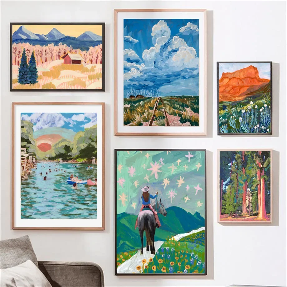 لوحة قماشية تجريدية ملونة - ملصق فني جداري مطبوع عليه نهر السباحة وسماء سيدار هورس لديكور غرفة المعيشة #1