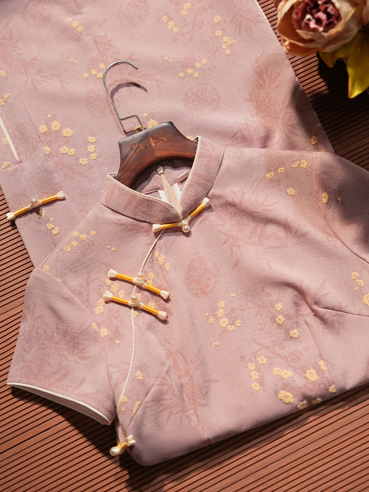 

Young Women's Busin Wear Pink Improved Long Slant Collar ort Sve Floral Patterned Daily Low Slit