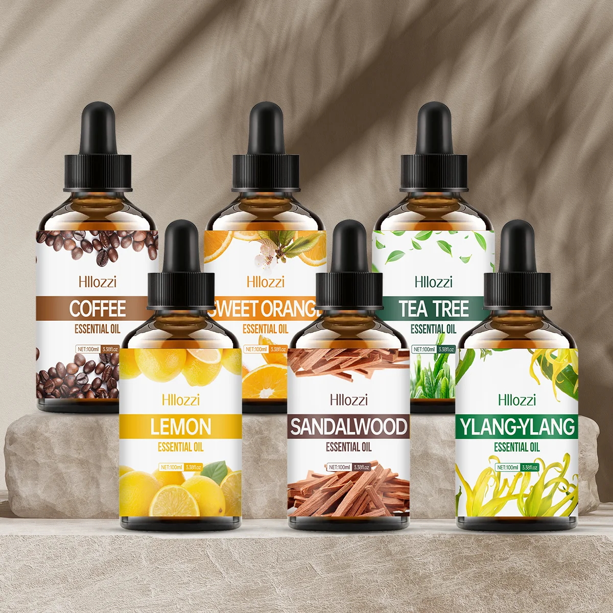 

Sandalwood, Coffee, Tea Tree, Sweet Orange, Lemon, Ylang Ylang - 100ml/3.38fl.oz each, nourishing, suitable for all skin types