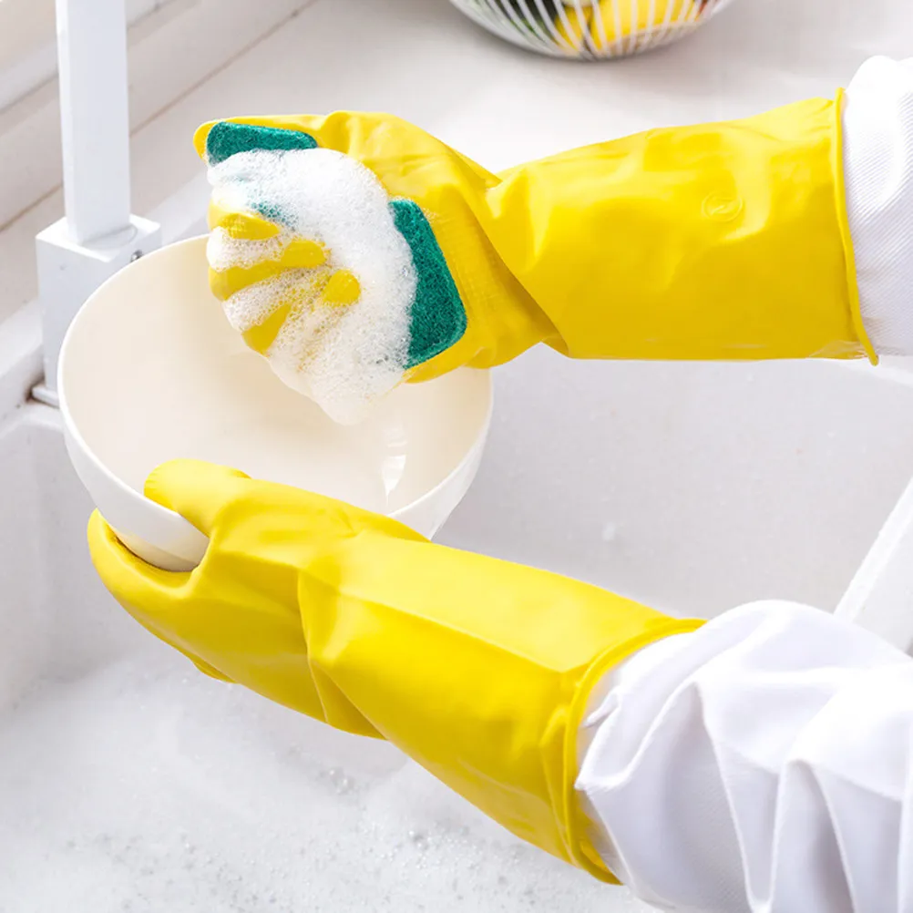 1Pair Waterproof Oil-Resistant Latex Cleaning Gloves with Absorbent Scouring Sponge Dishwashing Kitchen Home Garden Car Wash