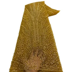 High Quality African Gold Handmade Beaded Lace Fabirc 2025 Sewing sequins Embroidery Nigreian Lace Fabric Women Wedding Dress