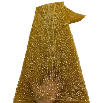 高品質非洲金珠手工蕾絲布料 2025 縫製亮片刺繡尼日利亞蕾絲布料 女士婚紗 6 最佳銷售 棕色蕾絲布料 - №4