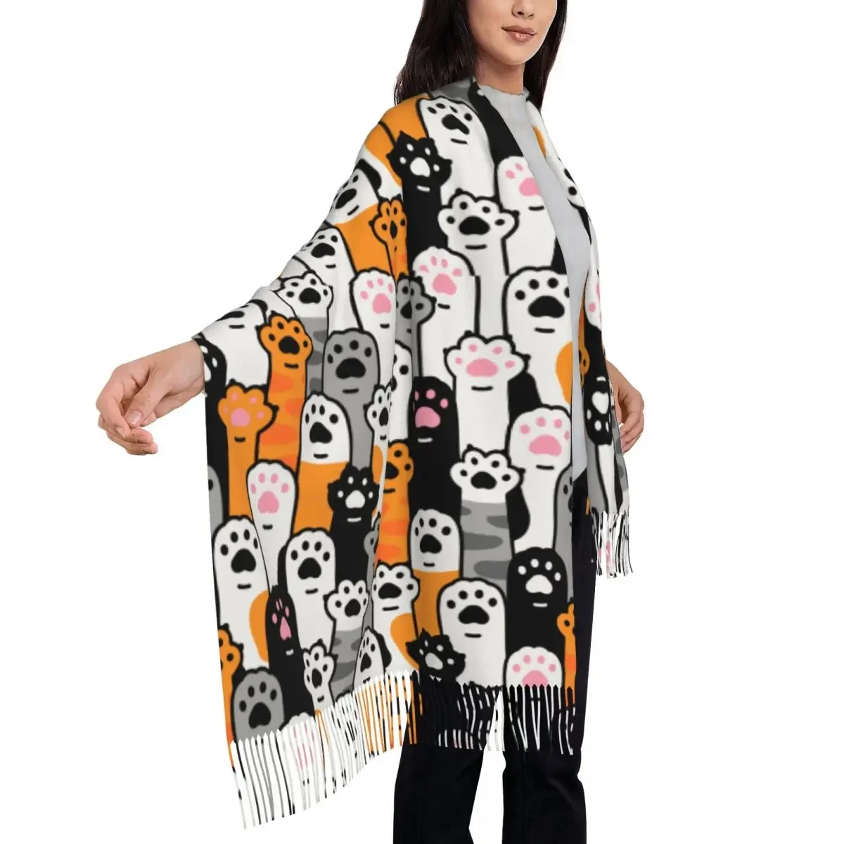 Custom Kleurrijke Cartoon Kitten Kat Sjaal Wrap Voor Vrouwen Lange Winter Herfst Warme Kwast Sjaal Unisex Sjaals