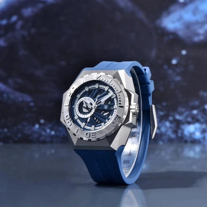 PAGANI DESIGN PD-YS007 Men Automatic Mechanical Watch 42MM Skeleton Blue Dial Miyota 8217 Movement Sapphire Glass Silicone Strap