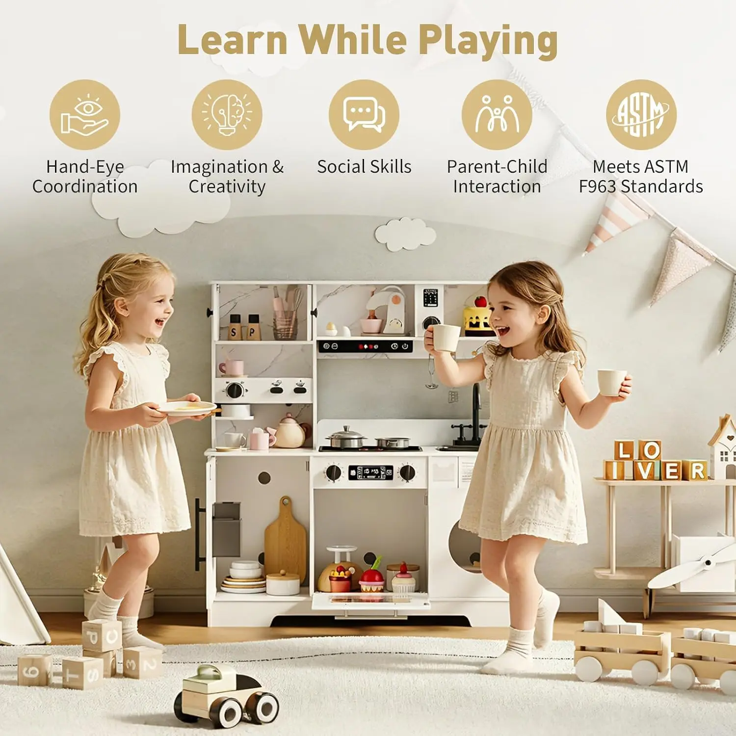 8-in-1 Wooden Play Kitchen Set For Kids gift With Lights Sounds,  Ice Maker, Coffee Machine, Washer, 11 Accessories & Storage, Ages 3+