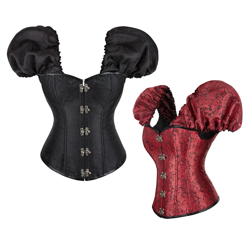 Gothic Corset with Flared Short Sleeves Vintage Corset Bustier Costumes Women Shapewear Corsets Black Red