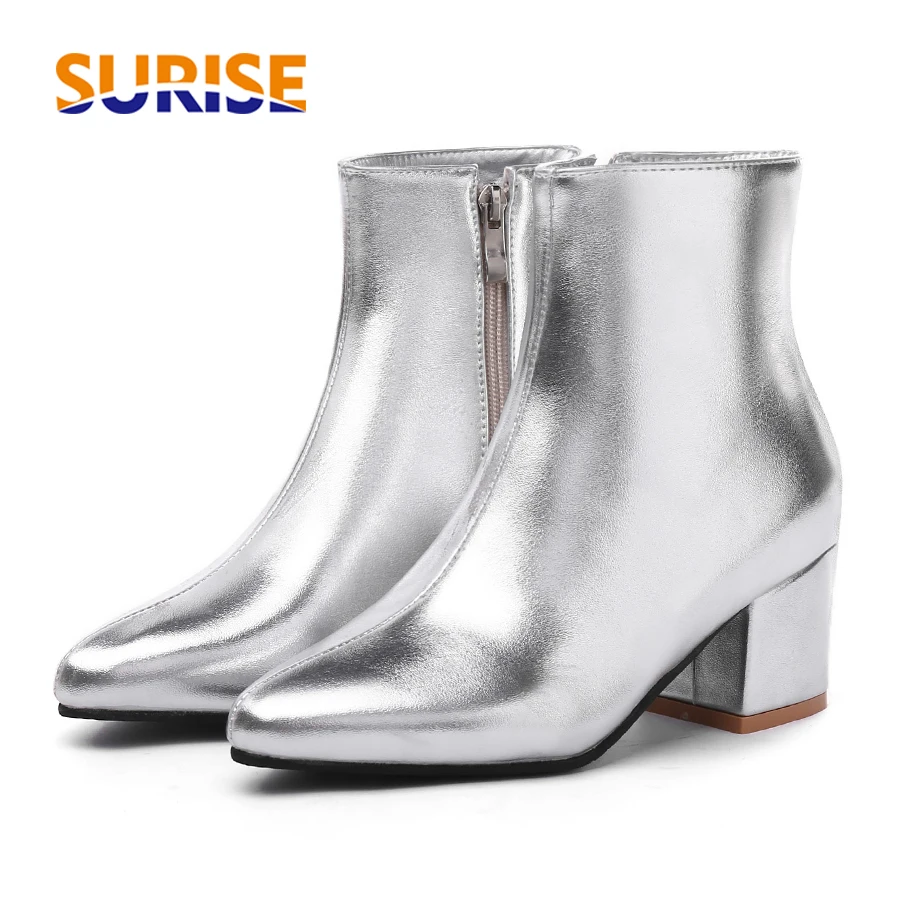 Botines de Invierno para Mujer Tallas Grandes, Tacón Cuadrado de 6cm, Negros y Plateados, de PU, Casuales, de Oficina, con Cremallera, Forro de Peluche, Punta Puntiaguda