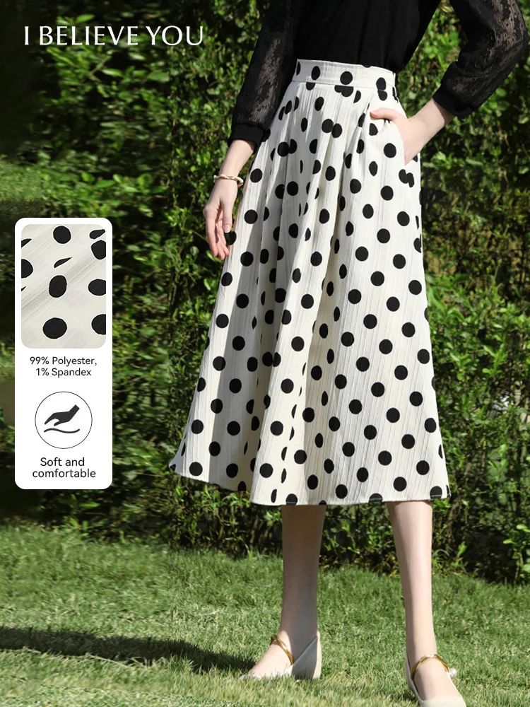 I BELIEVE YOU Retro High Waist A-line Polka Dot Skirt 2025 Spring Back Elastic Waist Midi Skirt Pockets Elegant Skirt 2251026028