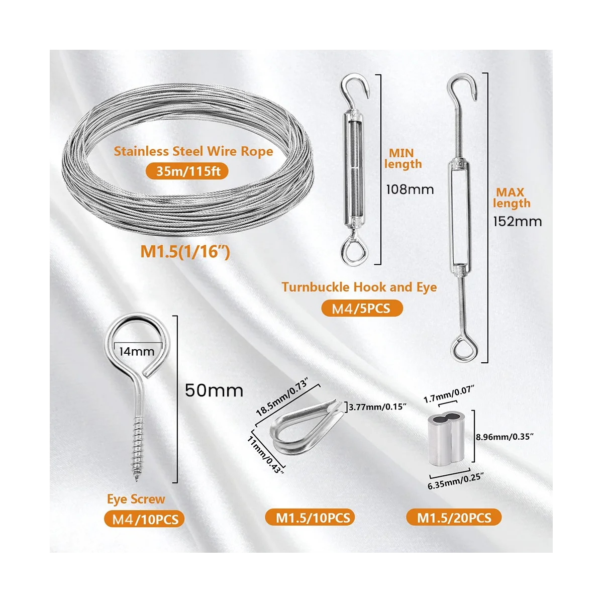 1/16Inch Turnbuckle Wire Tensioner Kit Heavy Turnbuckle Cable Railing Kit 115Ft Wire Rope Hook and Eye Turnbuckle Kit