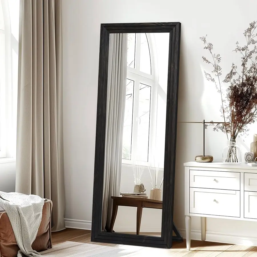Full Length Mirror Solid Wood Frame Floor Mirror with Stand for Living Room, Bedroom Hanging Standing or Leaning, Black