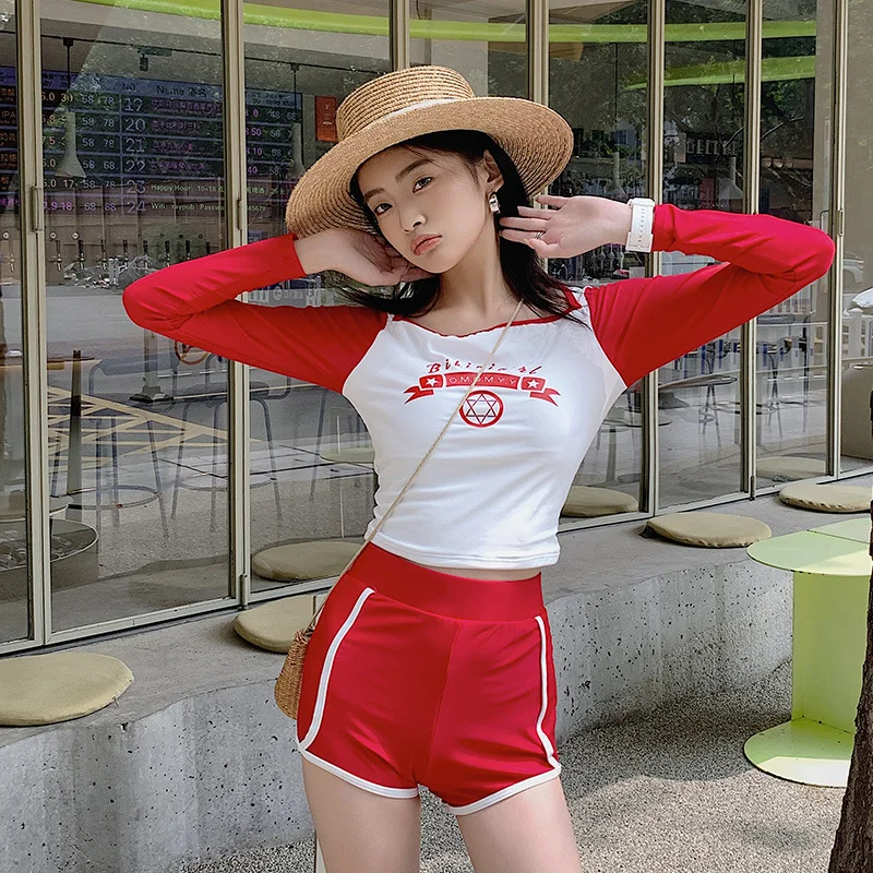 

3 PCS Korean Long-sleeved Two Piece Swimsuit Bathing Suit Women Conservative Split High Neck Sunscreen Sports Surfing Swimwear