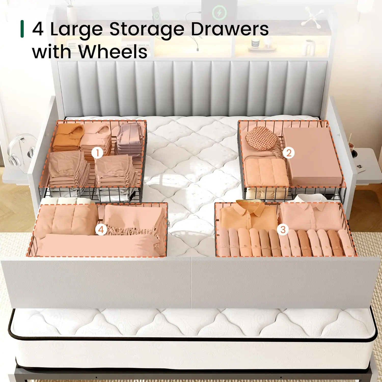King Bed Frame with Headboard 4 Drawers Adjustable Desk Charging Station Easy Assembly No Box Spring, Customized view 3