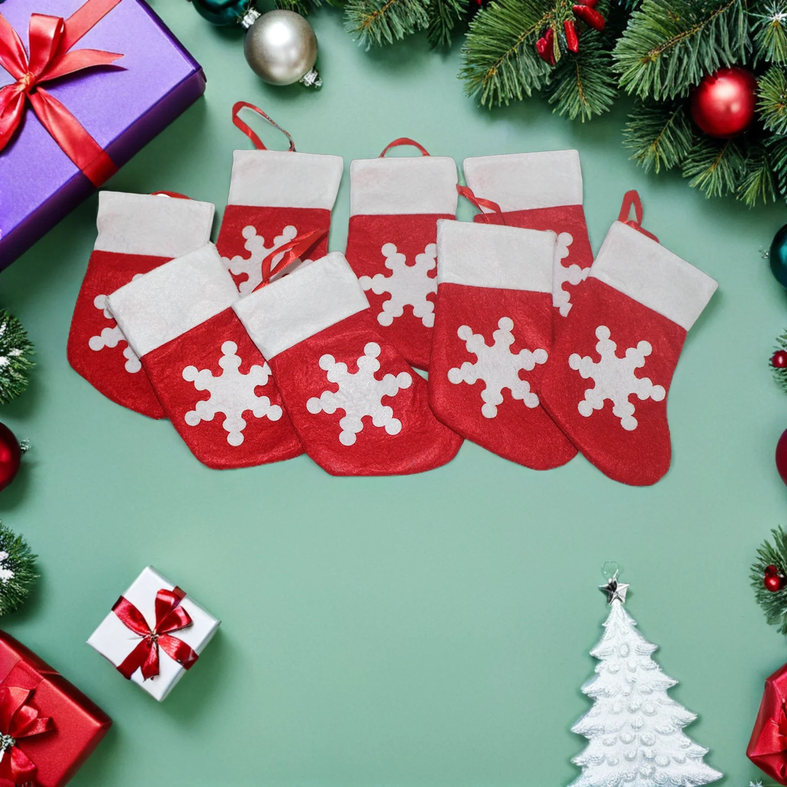 

24Pcs Christmas Stocking Gift Bag Small Felt Stockings Snowflake Print Holiday Party Favors Decorations Candy Snack Container