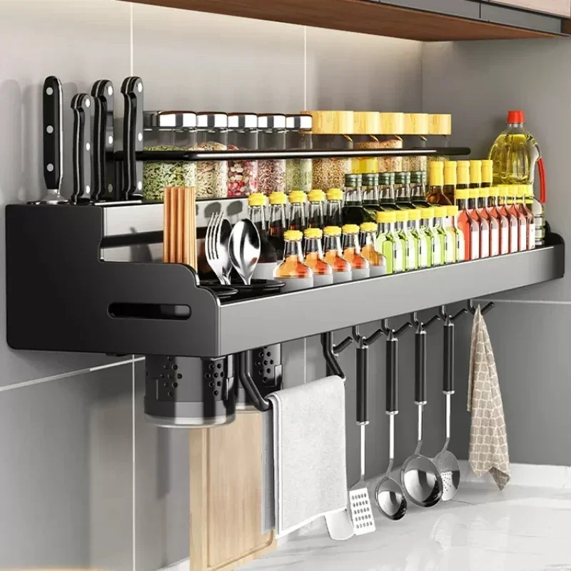 

Kitchen Storage Rack Free Punch Wall Mounted Seasoning Supplies Holder Large Knife Holder Multifunctional Kitchen Organizer