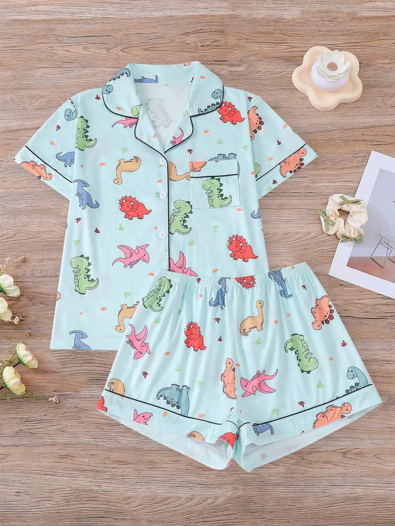 

2-Piece Dinosaur Print Women's Pajama Set - Short Sleeve Collar Top & Elastic Waist Shorts