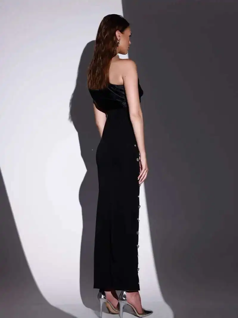 LEOSOXS Womens Elegant Evening Dress Rose Black One-Shoulder Patchwork Beaded Luxurious Rhinestone Sexy Asymmetric Bodycon Dress