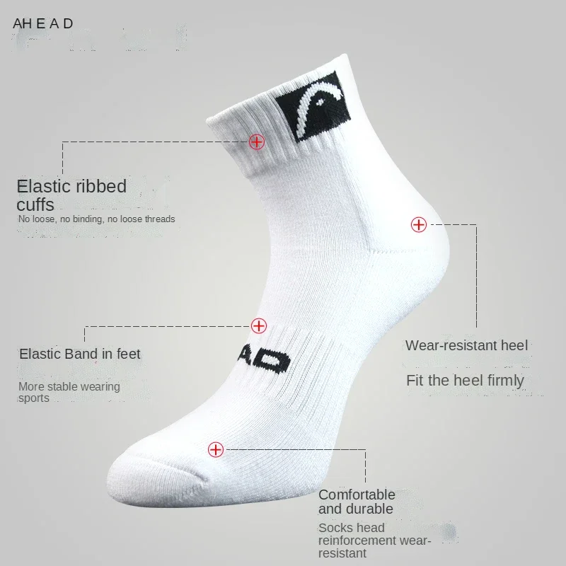 3 Pairs HEAD Socks Sport mid Sock men female badminton tennis cotton Towel Bottom Socks basketball tennis 25-28cm