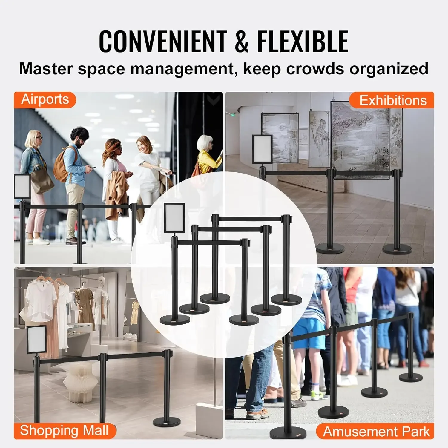 Crowd Control Stanchions, 6-Pack Crowd Control Barriers, Carbon Steel Baking Painted Stanchion Queue Post with Sign Holder