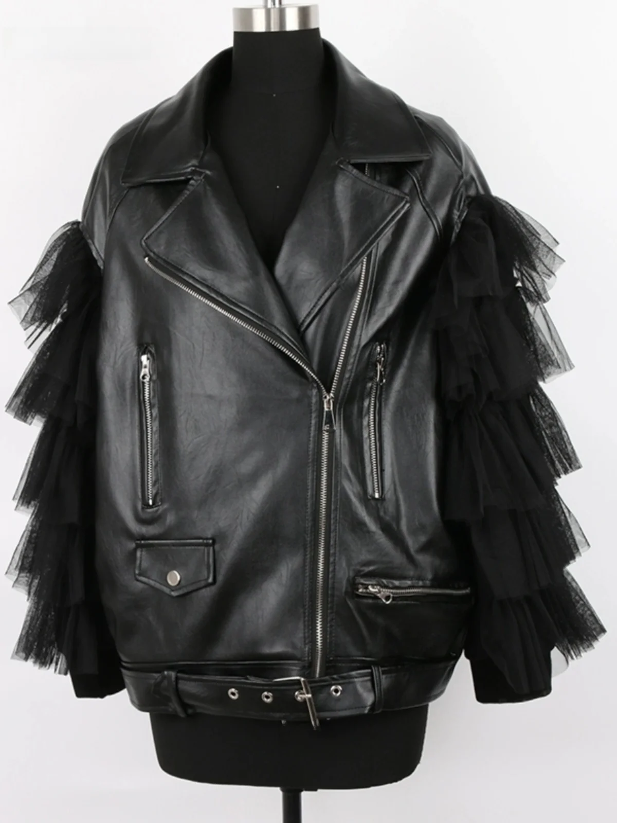 Nerazzurri Black Lace Splicing Motorcycle Style Loose PU Leather Jacket Women's New  Long Sleeve Zipper Closure Coat